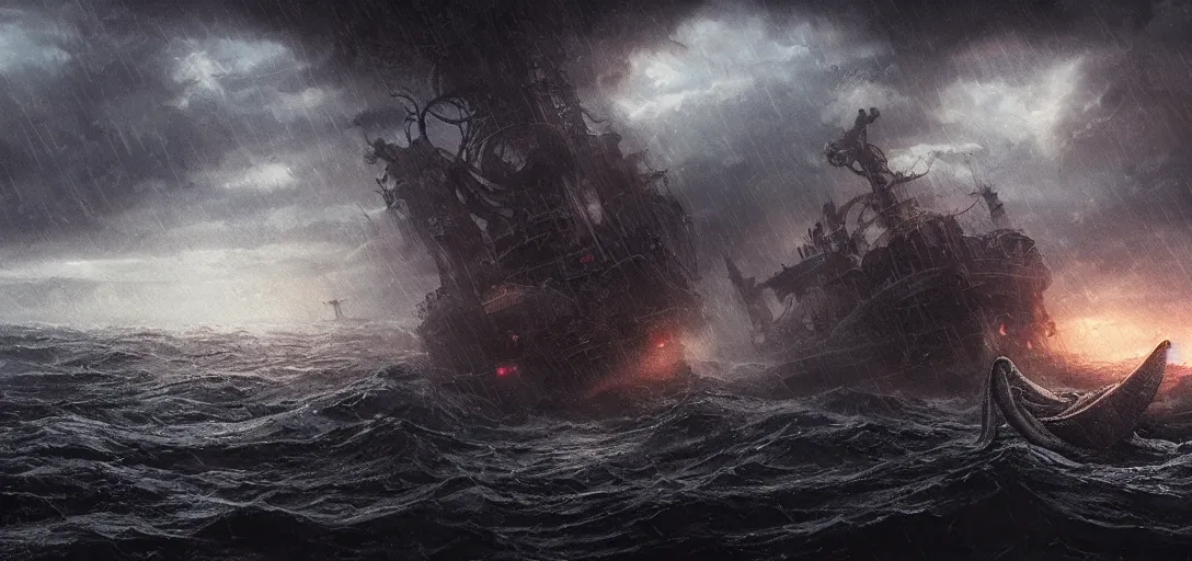 Prompt: one single ship gets eaten by giant kraken, tentacle, rainy night, dramatic lighting, cinematic, establishing shot, extremly high detail, foto realistic, cinematic lighting, post processed, concept art, artstation, matte painting