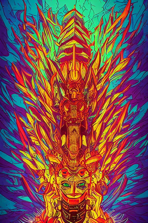 Image similar to totem animal tribal chaman vodoo mask feather gemstone plant wood rock video game illustration vivid color borderlands by josan gonzales and dan mumford radiating a glowing aura