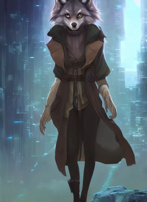 Prompt: commission of a beautiful portrait of a female anthro wolf fursona wearing jedi robes in a forested cyberpunk city. Character design by charlie bowater, ross tran, artgerm, and makoto shinkai, detailed, soft lighting, rendered in octane