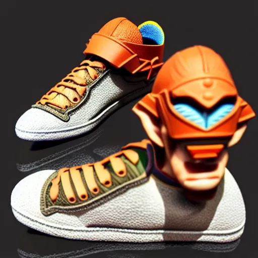 Image similar to realistic scultpure of plastic toy sneaker! design, sneaker design overwatch botw fantasy style mixed with aztec mayan native street fashion, focus on sneakers only, shoes designed by akira toriyama and studio ghibli