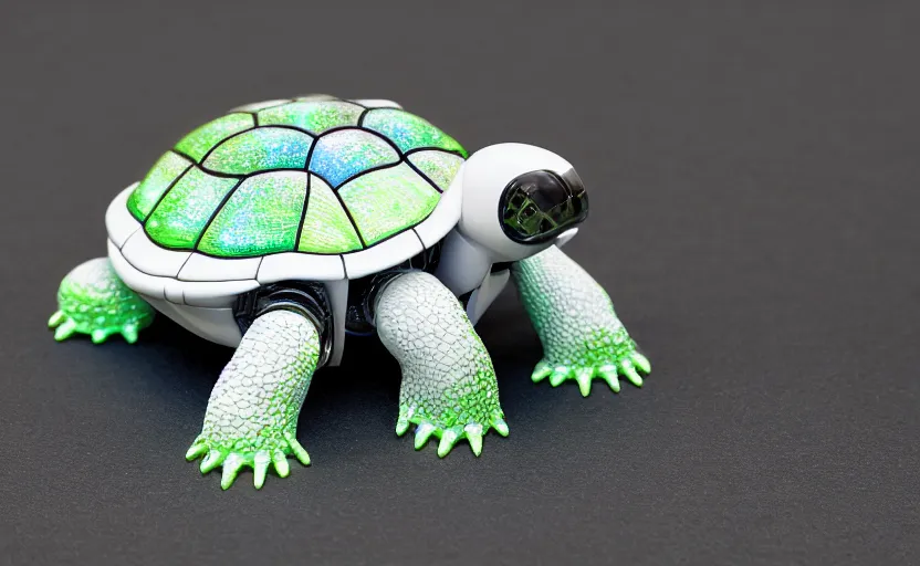 Prompt: artificial Intelligence turtle with modular-synth dials, knobs and a small AMOLED display on its shell, LED light accents, sleek design by apple, triple white colorway, modular-synth, VST, 4k, 33mm, high quality photo,