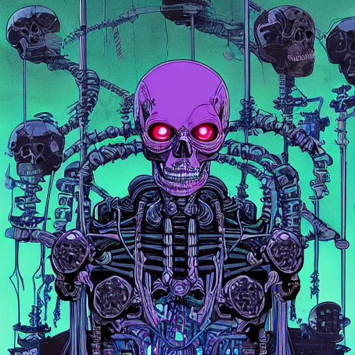 Prompt: portrait of a cybernetic evil undead skeleton sorcerer surrounded by lab equipment, cyberpunk concept art by josan gonzales and moebius and enki bilal and and dan mumford and jean claude meziere and philippe druilleg