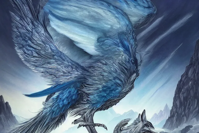 Prompt: Blue feathered wolf with wings on a beautiful fantasy landscape, hills, mountains, moonlit, HD, illustration, epic, D&D, fantasy, intricate, elegant, highly detailed, digital painting, artstation, concept art, smooth, sharp focus, illustration, wallpaper, art by artgerm and greg rutkowski and alphonse mucha and jin xiaodi and anthony devine and yigit korogly