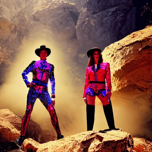 Image similar to photo, an ironic maximalist gaudy photoshoot featuring overly bright contrasting color bold print insane costumes inside a rocky western landscape, atmospheric lighting and haze, backlit, moody