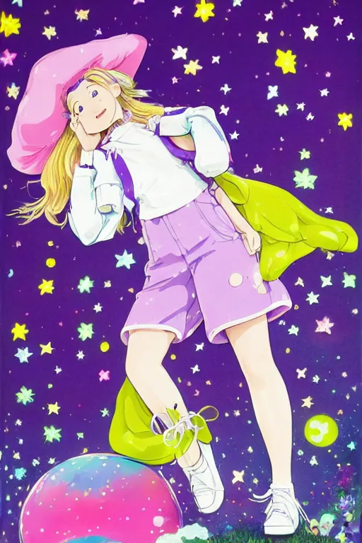 Image similar to Full body shot of a happy teenage girl posing with short blond hair and freckles wearing an oversized purple Beret, Purple overall shorts, jester shoes, and white leggings covered in stars. Surrounded by clouds and the night sky. Rainbow accents on outfit. Soft Lighting. By Rumiko Takahashi. By Naoko Takeuchi. By CLAMP. By WLOP.