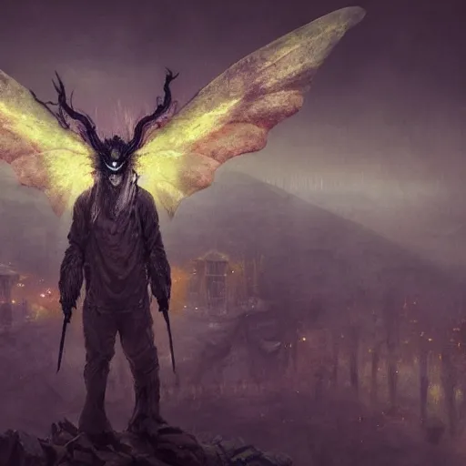 Image similar to scary , epic , Post-processing , low angle , Greg rutkowski legendary matte painting , masterpiece , 8K centered headshot Portrait of a psychedelic godlike mothman posing with a cigar with giant mandala wings smoking a hand-rolled cigarette smoking heavily , magic mushroom village in background , post-processing , award winning. superb resolution. in the art style of Satoshi Kon and Greg Rutkowski , Detailed Mushroom city in background , Hyper realistic anime , Perfect art , Dalle2