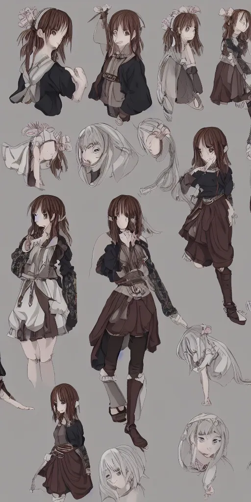 Image similar to Reference sheet for a narcoleptic and sleepy girl, in the style of anime, RPG maker, renaissance style, extremely detailed clothing, extremely detailed face and eyes, 4k, 8k, HDR, beautiful, some with her eyes closed and some with her eyes open, full body