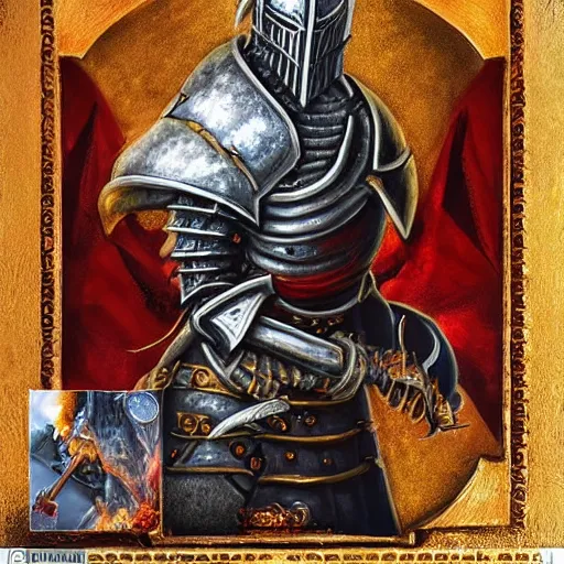 Image similar to three - ply portrait the great death knight dark souls in golden red armor made of polished dragon bones looks relaxed, quantum physics, victorian era