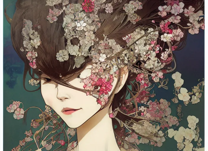 Image similar to oil painting, long shot, beautiful floralpunk japanese bio mechanical female illustration detailed patterns art of japan traditional dress, flower pop art, floral splash painting, art by ashley wood, alphonse mucha, makoto shinkai, geof darrow, dark shadow