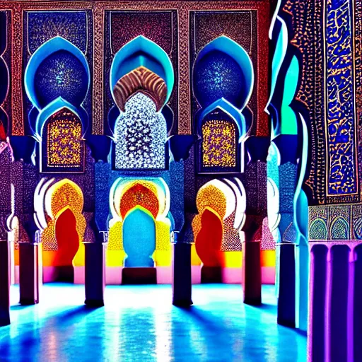 Image similar to cosmic cathedral created by the gods, large ( ( ( ( muqarnas ) ) ) ) beautiful moroccan colors, bold architecture, detailed, 4 k