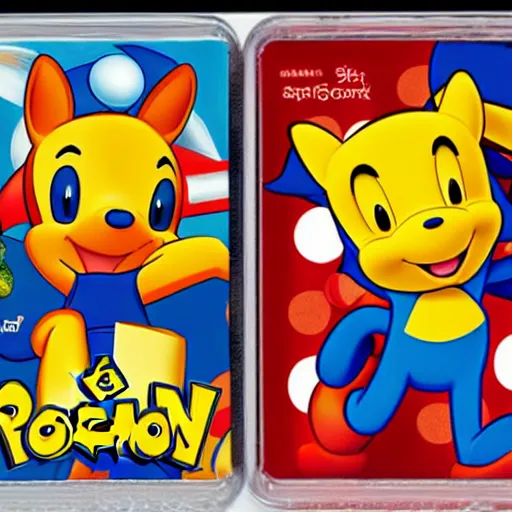 Image similar to photograph of winnie the pooh and super mario and sonic the hedgehog anime style, on pokemon card packs at target