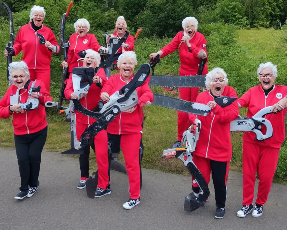 Prompt: a gang of old ladies waving chainsaws and flowers, and wearing Umbro track suits laughing maniacally and screaming