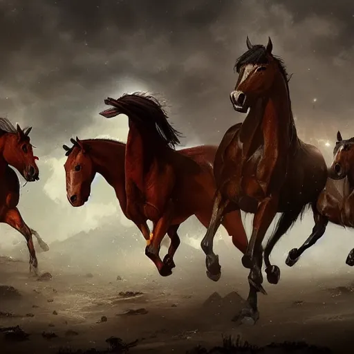 Image similar to the four horses of the apocalypse, digital Art, Greg rutkowski, Trending artstation, cinematographic, hyperrealistic