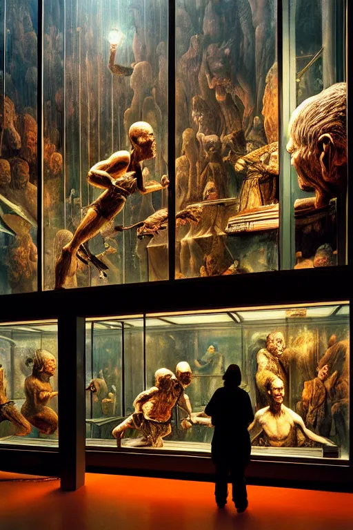 Prompt: a hyperrealistic detailed painting of a museum of glass displays with oddities, cinematic lighting, depth perspective, depth of field, cinematic angle, by chris cunningham and richard corben, highly detailed, vivid color,