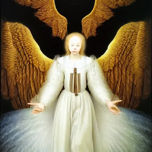 Image similar to highdetailed hyperrealistic painting of white angel!!! no gender!!!, giant ball of miracle light from the chest!!!!!, white sparkles everywhere, 4 k hd fur face!!!, big wings, by jan van eyck, holography space, glow effect, large strokes, white monochrome color!!!!!