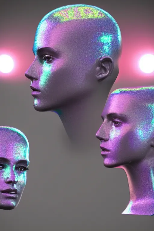 Image similar to 3d render of holographic human robotic bust made of glossy iridescent, bust, surrealistic 3d illustration of a human non-binary, non binary model, 3d model human, cryengine, made of holographic texture, holographic material, holographic rainbow, concept of cyborg and artificial intelligence