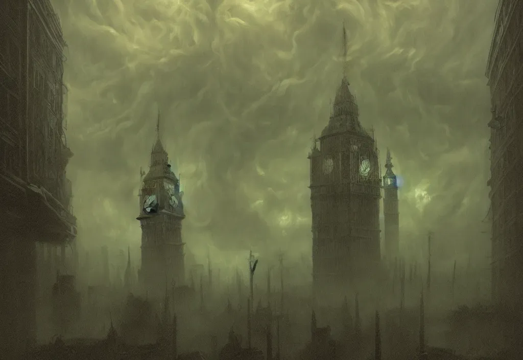 Image similar to cthulhu attacks london with tentacles in green mist by carl gustav carus, clocktower, steampunk, digital art, 4k, trending on artstation, highly detailed