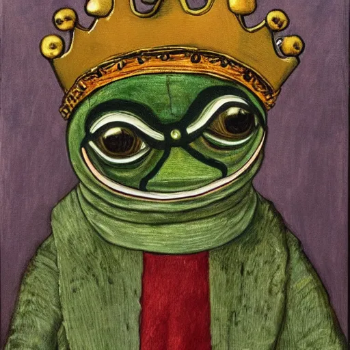 Prompt: pepe the frog as a king of england, painting by Lucien Freud,