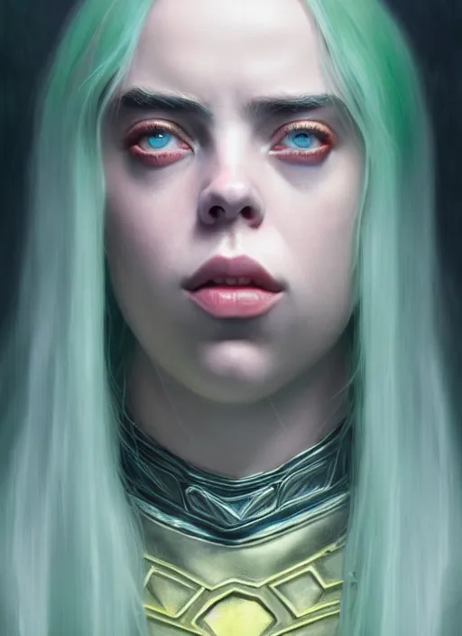 Image similar to Billie Eilish as female loki by, hyper detail, hyper realistic, octane render, gorgeous symmetrical face, elegant, intricate, studio lighting, by Greg rutkowski