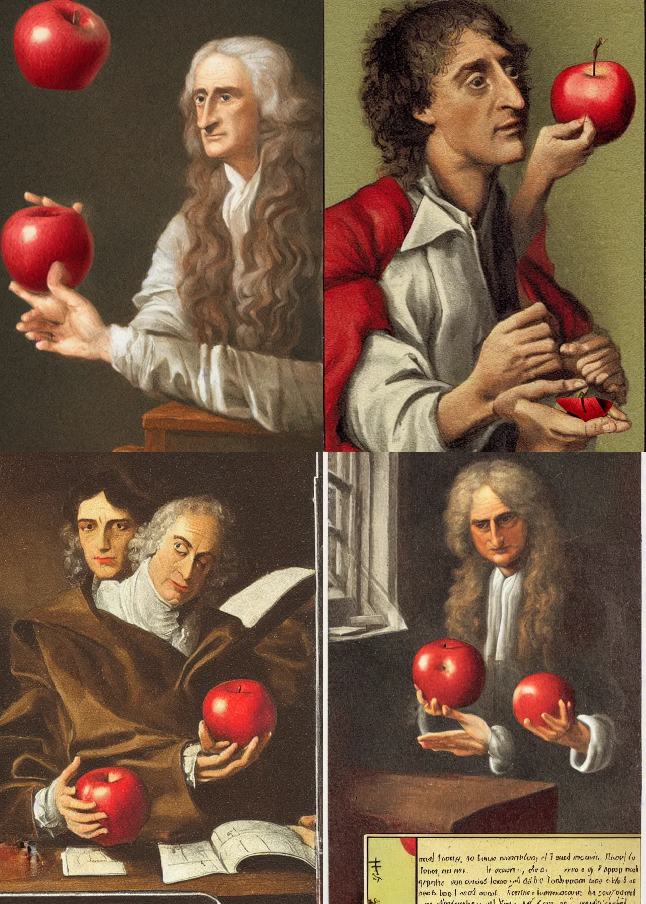 Prompt: trading card of Isaac Newton discovering calculus featuring a red apple