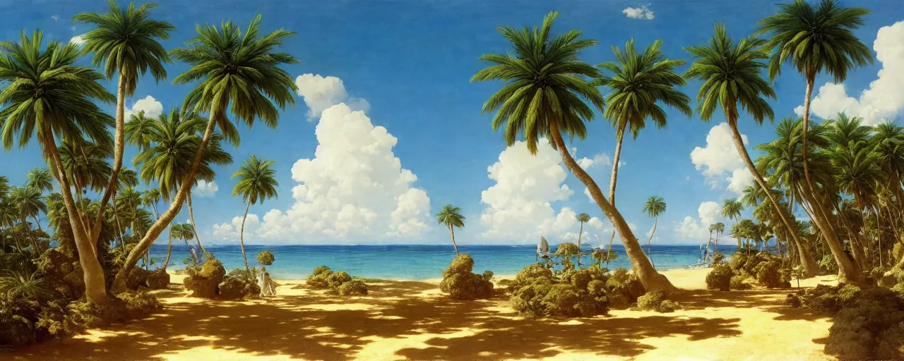 Image similar to ghibli illustrated background of a strikingly beautiful blue sky with puffy white clouds over a tropical beach with palm trees by eugene von guerard, ivan shishkin, john singer sargent, 4 k