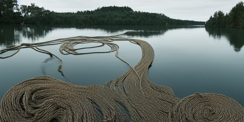 Prompt: centered photograph of a single thick rope zig zagging winding across the surface of the water into the distance, floating submerged rope stretching out towards the center of the lake, a dark lake on a cloudy day, color film, a shore in foreground and trees in the background, hyper - detailed photo, anamorphic lens