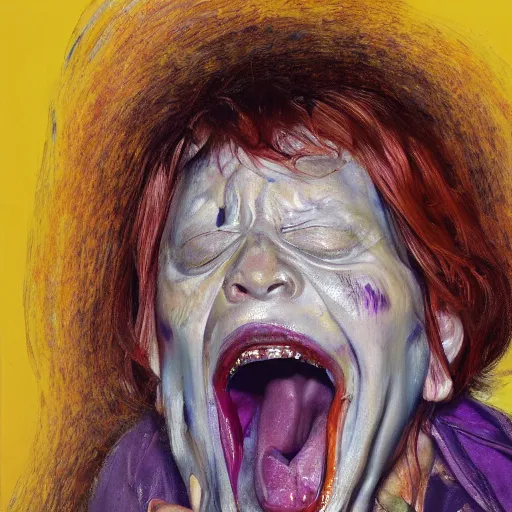 Prompt: high quality high detail painting of a female screaming by lucian freud and jenny saville and francis bacon, hd, anxiety, turquoise and orange and purple and pink and red