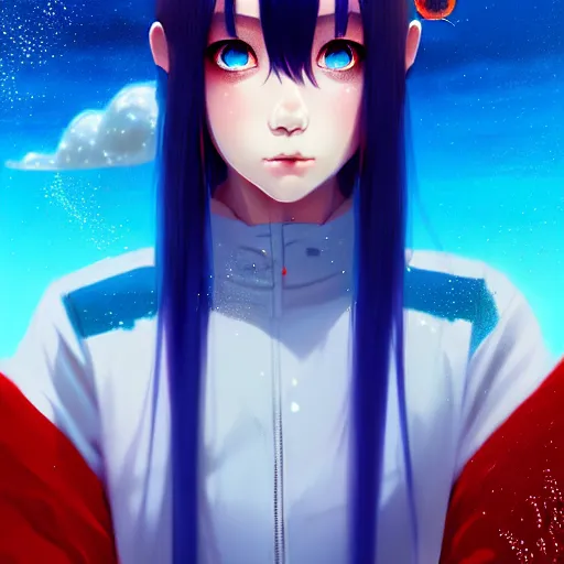 Image similar to giant droplets of water floating around rimuru tempest, flying with wings, sky blue straight hair, bangs, with amber eyes, red tailcoat, high collar, ultra fine detail, dark theme, digital painting, psychedelic, cinematic, wlop, pixiv, ilya kuvshinov, ross tran