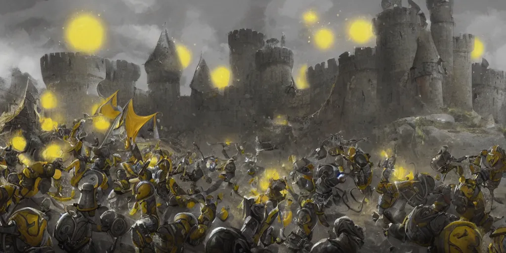 Prompt: the lemon army laying siege to a castle, fantasy art, artstation