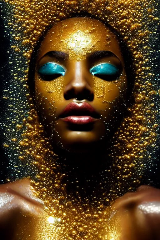 Prompt: hyperrealistic post - classical cinematic very expressive! black oshun goddess, white eyes, body in water, mirror dripping droplet!, gold flowers, highly detailed face, digital art masterpiece, smooth cam de leon eric zener dramatic pearlescent teal light, ground angle uhd 8 k, sharp focus