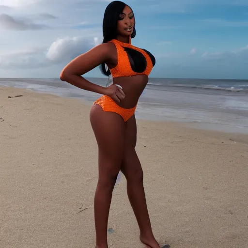 Image similar to megan thee stallion in beach setting, full body