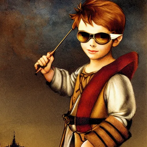Prompt: Peter pan wearing upgraded steampunk goggles, background, hill,by Leonardo DaVinci