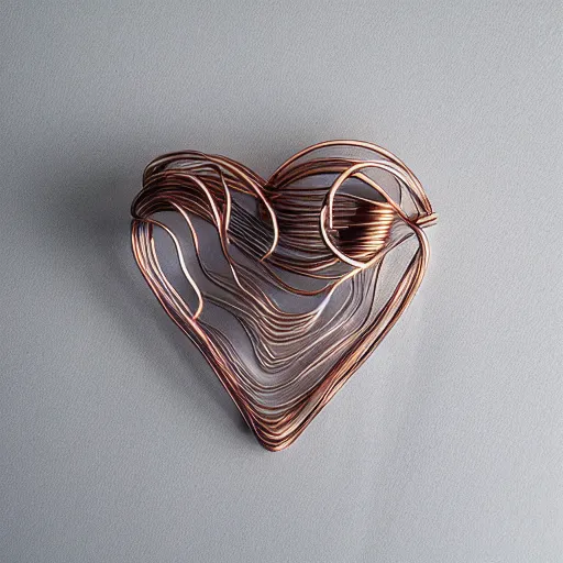 Image similar to a very beautiful tiny human heart organic sculpture made of copper wire and threaded pipes, very intricate, curved. studio lighting, high resolution, high quality, black background