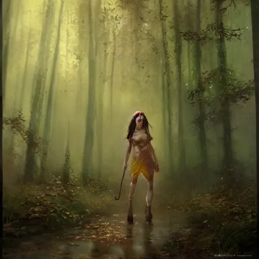 Image similar to a painting of a woman walking through a forest, a detailed matte painting by Bastien Lecouffe-Deharme, trending on cgsociety, fantasy art, matte painting, enchanting, cryengine