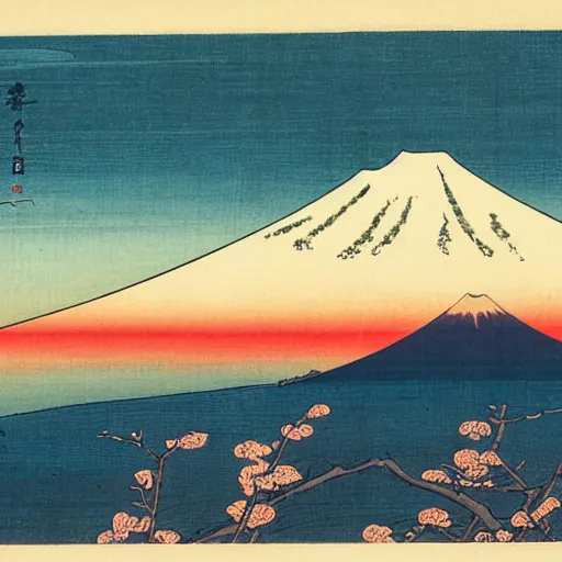 Image similar to Ukiyo-e depiction of Mount Fuji at sunrise