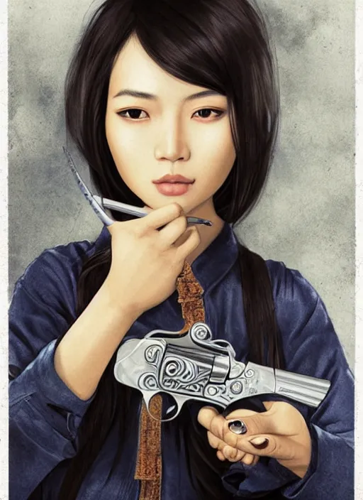Prompt: beautiful asian girl with a revolver looking into the camera, 2d concept illustration, detailed, intricate, by Tran Nguyen