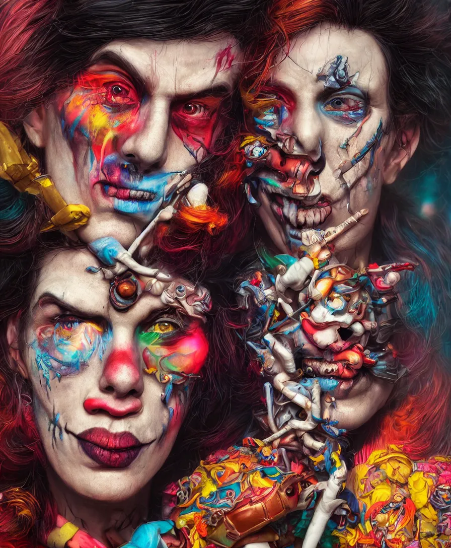 Prompt: portrait death Clown, high detail, deviantart, artstation, octane render, cinematic, hyper realism, 8k, depth of field, artstation, concept art, illustration, vibrant colors, by Tristan Eaton Stanley Artgerm and Tom Bagshaw