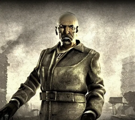 Prompt: Old Janusz Korwin-Mikke in the centre of a screenshot from the game Fallout: New Vegas (2010)