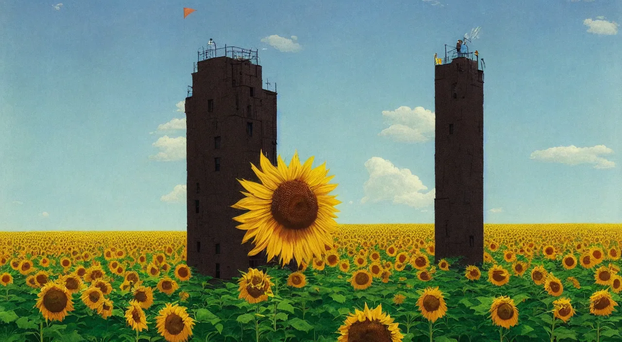 Image similar to single flooded simple sunflower tower!, very coherent and colorful high contrast!! masterpiece by rene magritte simon stalenhag carl spitzweg syd mead norman rockwell edward hopper james gilleard, minimalist, dark shadows, sunny day, hard lighting