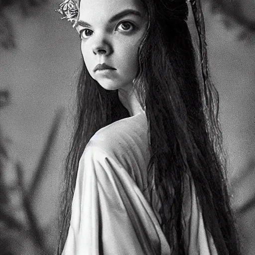 Image similar to black and white pen and ink!!!!!!! Suprani!!!!! sorcerer beautiful attractive long hair Anya Taylor-Joy wearing High Royal flower print robes flaming!!!! final form flowing ritual royal!!! Contemplative stance Vagabond!!!!!!!! floating magic witch!!!! glides through a beautiful!!!!!!! Camellia!!!! Tsubaki!!! death-flower!!!! battlefield behind!!!! dramatic esoteric!!!!!! Long hair flowing dancing illustrated in high detail!!!!!!!! by Hiroya Oku!!!!!!!!! graphic novel published on 2049 award winning!!!! full body portrait!!!!! action exposition manga panel black and white Shonen Jump issue by David Lynch eraserhead and beautiful line art Hirohiko Araki!! Frank Miller, Kentaro Miura!, Jojo's Bizzare Adventure!!!! 3 sequential art golden ratio technical perspective panels horizontal per page