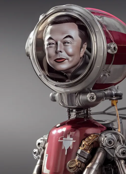 Prompt: closeup of a tin toy elon musk, depth of field, zeiss lens, detailed, symmetrical, centered, fashion photoshoot, by nicoletta ceccoli, mark ryden, lostfish, earl nore, hyung tae, frank frazetta, breathtaking, 8 k resolution, extremely detailed, beautiful, establishing shot, artistic, hyperrealistic, octane render