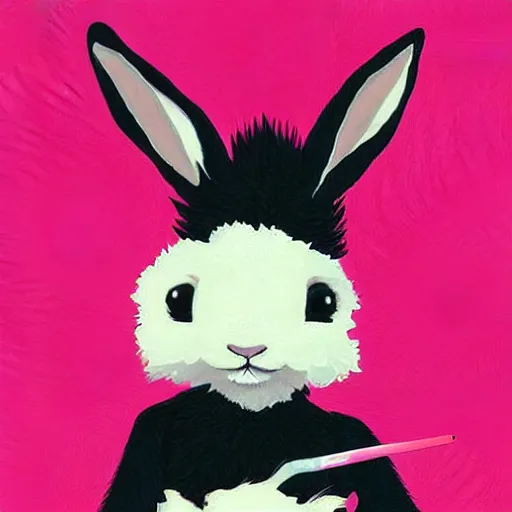 Prompt: The rabbit is a fluffy white bunny with big ears. It has a cute pink nose and black eyes. It looks like it's ready to hop around and have some fun! drawn by Balaskas Christopher with James Turrell