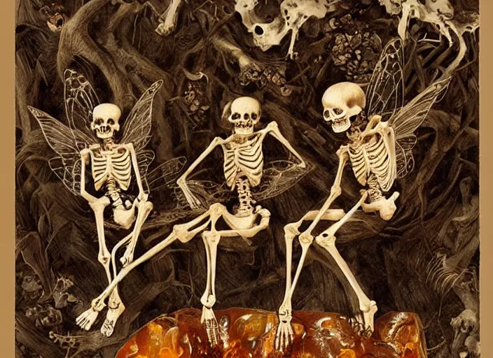 Prompt: skeleton fairy and tooth fairy and bone fairy collect the skulls together painting carved in amber by chiara bautista and norman rockwell and greg rutkowski weta studio