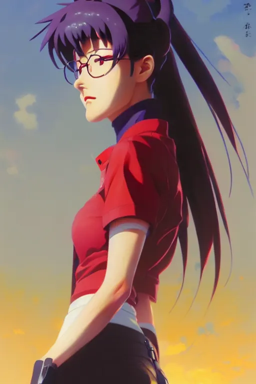 Image similar to a ultradetailed beautiful painting of misato from evangelion, by greg rutkowski and makoto shinkai trending on artstation