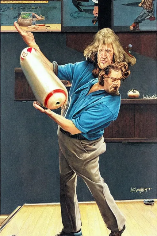 Prompt: The Dude from the movie The big Lebowski playing bowling painted by Norman Rockwell