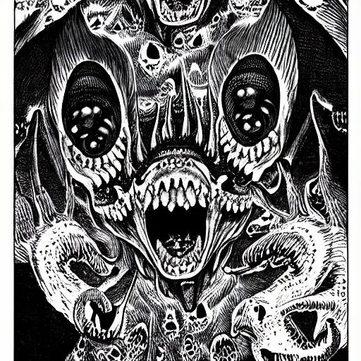 Image similar to a horrifying corgi demon with many eyes and many teeth, manga panel drawn by junji ito, kentaro miura, horror, dark fantasy, lovecraftian, intricate