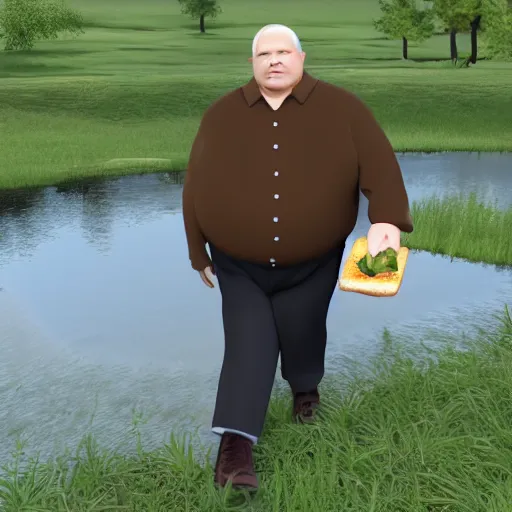 Image similar to a slightly overweight male pastor, walking by a pond, eating a sandwich, 3d render, cinematic shot, hyper realistic