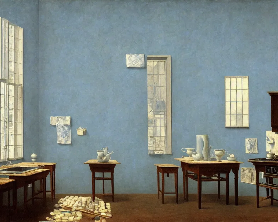 Image similar to achingly beautiful painting of a sophisticated, well - decorated kitchen on baby blue background by rene magritte, monet, and turner. giovanni battista piranesi.