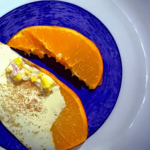 Prompt: una naranja sin cáscara sobre un plato blanco, en un mantel azul