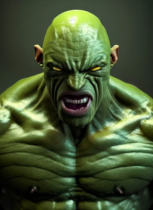 Image similar to muscular creature with muted green skin, bald, no nose, large eyes, mouth is closed, surprised expression, hyper detailed, digital art, trending in artstation, cinematic lighting, studio quality, smooth render, unreal engine 5 rendered, octane rendered, art style by klimt and nixeu and ian sprigger and wlop and krenz cushart.